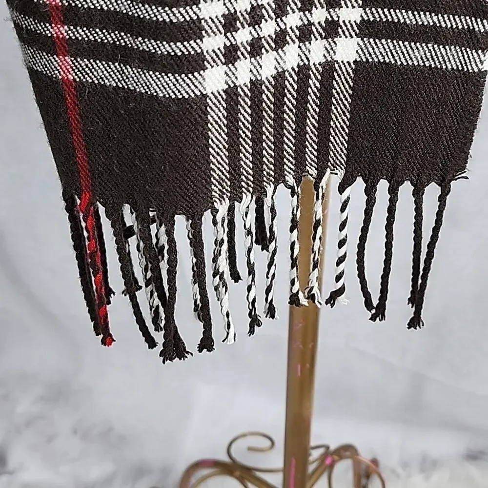 Luxury Cashmere Braided  Fringed Buttery Soft Plaid Scarf Chocolate Brown